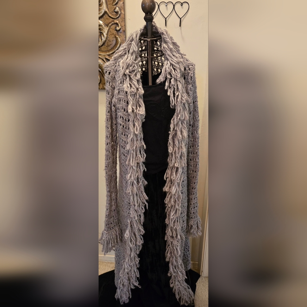 Cynthia Rowley Gray Fringe Long Cardigan M